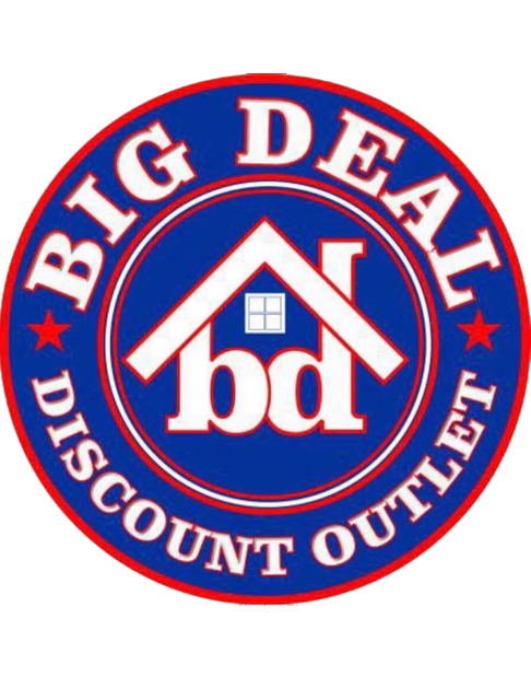 A blue and red logo for the big deal discount outlet.