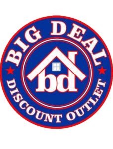 A blue and red logo for the big deal discount outlet.