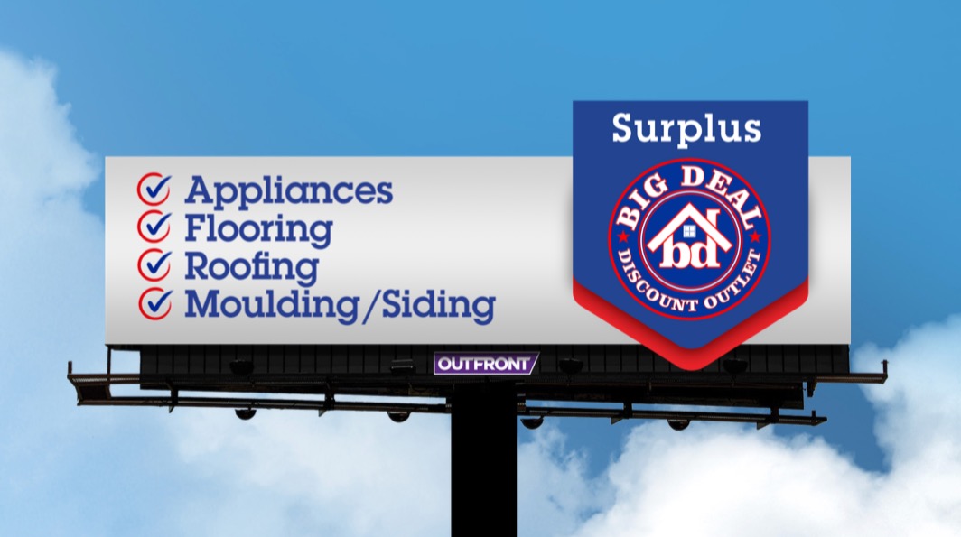 A billboard with the words " surplus " on it.